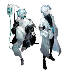 Rule 34 | 2boys, absurdres, aqua hair, armband, bandages, barefoot, black armband, black footwear, black hoodie, black pants, blue eyes, blue hair, coat, earrings, hair ornament, hairpin, hand on own face, highres, hood, hoodie, intravenous drip, jewelry, lab coat, long coat, looking at viewer, male focus, mask, minato (3710o), mouth mask, multicolored hair, multiple boys, original, pants, purple hair, simple background, slow downer (vocaloid), turtleneck, white background, white hair