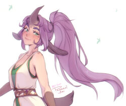 Rule 34 | 1girl, animal ears, artist name, bare shoulders, commentary, dress, english commentary, from side, green eyes, high ponytail, horns, long hair, looking at viewer, looking to the side, original, personal ami, purple hair, simple background, single horn, sleeveless, sleeveless dress, smile, solo, thick eyebrows, very long hair, white background, yuni (personal ami)