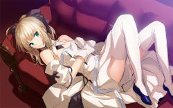 Rule 34 | 1girl, ahoge, artoria pendragon (all), artoria pendragon (fate), bad id, bad pixiv id, bare shoulders, blonde hair, bow, couch, detached collar, detached sleeves, dress, fate/stay night, fate/unlimited codes, fate (series), gloves, green eyes, hair bow, light smile, lying, on back, photoshop (medium), ponytail, saber (fate), saber lily, saitou masatsugu, shoes, short hair, sketch, solo, thighhighs, white gloves, white thighhighs
