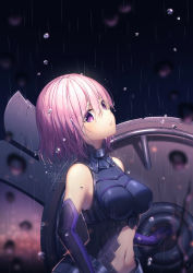 Rule 34 | 1girl, armor, armored dress, artist name, bare shoulders, black legwear, blurry, breasts, clothing cutout, depth of field, detached sleeves, elbow gloves, eyes visible through hair, fate/grand order, fate (series), from side, gloves, hair over one eye, large breasts, lips, looking at viewer, mash kyrielight, navel, navel cutout, parted lips, purple eyes, purple gloves, purple hair, rain, rosuuri, shield, short hair, solo, upper body, wet, wet clothes