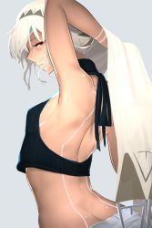 Rule 34 | 1girl, altera (fate), arched back, arm behind head, armpits, bare shoulders, breasts, butt crack, closed mouth, crop top, dark-skinned female, dark skin, fate/grand order, fate (series), from behind, full-body tattoo, halterneck, headdress, i-pan, long hair, looking to the side, pants, red eyes, sleeveless, sleeveless turtleneck, small breasts, solo, tattoo, turtleneck, white hair, white pants