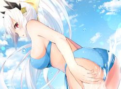 Rule 34 | 1girl, ass, bad id, bad pixiv id, bare arms, bare shoulders, bikini, blue bikini, blue sky, bow, breasts, cloud, commentary request, day, dragon horns, dutch angle, fate/grand order, fate (series), hair between eyes, hair bow, hair ornament, high ponytail, horns, kiyohime (fate), kiyohime (fate/grand order), kiyohime (swimsuit lancer) (fate), kiyohime (swimsuit lancer) (third ascension) (fate), large breasts, long hair, outdoors, parted lips, ponytail, profile, red eyes, side-tie bikini bottom, sky, solo, swimsuit, very long hair, water, water drop, white hair, yellow bow, yuzuzukushi