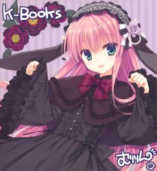 Rule 34 | 1girl, black dress, bow, bowtie, dress, flower, goth fashion, gothic lolita, green eyes, hair flower, hair ornament, hairband, highres, k-books, lolita fashion, long hair, long sleeves, looking at viewer, lying, muririn, open mouth, pink hair, red bow, red bowtie, rose, smile, teeth, wide sleeves