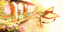 Rule 34 | 1girl, arm support, balcony, blue eyes, commentary, creatures (company), eye contact, flower, flygon, flying, game freak, gen 3 pokemon, hat, highres, kneehighs, leaning forward, light brown hair, light particles, looking at another, nintendo, outdoors, plant, pleated skirt, pokemon, pokemon (creature), pokemon xy, potted plant, railing, ribero, serena (pokemon), skirt, socks, wind, window