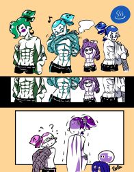 Rule 34 | 6+boys, ?, abs, aqua eyes, aqua hair, beauty (zoza), biscuit (zoza), black shorts, blue eyes, blue hair, cigarette, comic, cookie (zoza), covering privates, crossdressing, donut (zoza), earrings, faceless, faceless male, flower, flying sweatdrops, genteel (zoza), glasses, green hair, hair flower, hair ornament, hair slicked back, highres, inkling, inkling boy, inkling player character, jellyfish (splatoon), jewelry, logo, looking at another, male focus, mechanical arms, multiple boys, muscular, musical note, navel, nintendo, one eye closed, onsen, open mouth, panties, partially colored, pointy ears, purple hair, quaver, samurai (zoza), sane (zoza), scar, scrunchie, short hair, shorts, side-tie panties, single mechanical arm, single vertical stripe, smile, smoke, splatoon (series), splatoon 1, standing, tentacle hair, topknot, topless male, trembling, underwear, undressing, upper body, white eyes, white hair, zoza