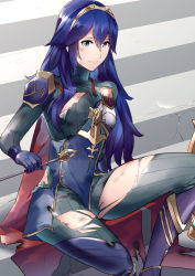 Rule 34 | 1girl, alternate costume, ameno (a meno0), armor, arrow (projectile), black bodysuit, blue hair, blue shirt, bodysuit, breasts, cape, commentary request, feet out of frame, fingerless gloves, fire emblem, fire emblem awakening, gloves, gold trim, hair between eyes, holding, holding arrow, long hair, long sleeves, looking at viewer, lucina (fire emblem), nintendo, red cape, shirt, shoulder armor, sitting, small breasts, solo, tiara, torn bodysuit, torn clothes, torn legwear, turtleneck