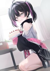Rule 34 | 1girl, ahoge, bag, black hair, black jacket, brown bag, cake, commentary, commission, food, grey eyes, grin, hair intakes, highres, himoni ito, indie virtual youtuber, indoors, jacket, kurage cc, long hair, looking at viewer, multicolored hair, open clothes, open jacket, purple hair, sitting, skeb commission, smile, solo, strawberry shortcake, streaked hair, symbol-only commentary, twintails, unworn bag, virtual youtuber