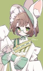 Rule 34 | 1girl, artist name, bow, bowtie, brown hair, glasses, green background, green eyes, green headwear, green kimono, hand up, highres, japanese clothes, jikuno, kimono, original, short hair, simple background, sleeves past fingers, sleeves past wrists, solo