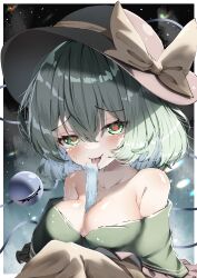 Rule 34 | 1girl, absurdres, between breasts, black hat, blush, breasts, closed mouth, collarbone, dfra, food, green eyes, green hair, hair between eyes, hat, hat ribbon, heart, heart-shaped pupils, highres, ice cream, komeiji koishi, large breasts, popsicle, ribbon, sexually suggestive, shirt, short hair, smile, solo, symbol-shaped pupils, third eye, tongue, tongue out, touhou, upper body, yellow ribbon, yellow shirt