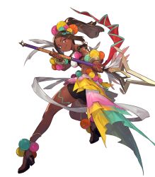 1girl attack bead_bracelet beads bracelet breasts brown_eyes brown_hair dark-skinned_female dark_skin eyeshadow fire_emblem fire_emblem_engage fire_emblem_heroes frilled_skirt frills highres holding holding_polearm holding_weapon jewelry makeup medium_breasts micro_shorts microskirt navel nintendo non-web_source polearm ponytail purple_eyeshadow sandals shorts skirt smile solo spear star-shaped_pupils star_(symbol) symbol-shaped_pupils timerra_(fire_emblem) weapon