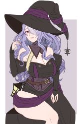 Rule 34 | 1girl, absurdres, adjusting hair, alternate costume, asymmetrical legwear, bare shoulders, belt, belt buckle, black dress, black hat, blush, breasts, buckle, camilla (fire emblem), cleavage, closed mouth, commentary, commission, cryptid crab, dress, english commentary, fire emblem, fire emblem fates, hair over one eye, halloween, hand in own hair, hat, highres, juliet sleeves, large breasts, lips, long hair, long sleeves, looking at viewer, nintendo, puffy sleeves, purple eyes, purple hair, purple ribbon, ribbon, simple background, sitting, smile, solo, strapless, strapless dress, twitter username, uneven legwear, witch, witch hat