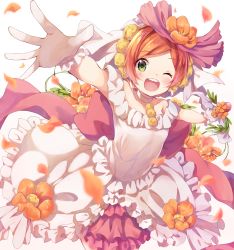 Rule 34 | 10s, 1girl, ;d, blurry, brown hair, choker, depth of field, dress, flower, frilled dress, frills, gloves, green eyes, hoshizora rin, looking at viewer, love live!, love live! school idol festival, love live! school idol project, love wing bell, nonono (nononotea), nononon, one eye closed, open mouth, outstretched arms, petals, reaching, short hair, smile, solo, spread arms, wedding dress, white dress, white gloves