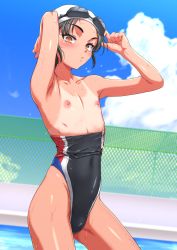 Rule 34 | 1boy, armpits, arms up, black hair, blue sky, blurry, blurry background, blush, bulge, closed mouth, cloud, cloudy sky, commentary request, competition swimsuit, covered navel, cowboy shot, crossdressing, dutch angle, goggles, goggles on headwear, highleg, highleg swimsuit, highres, looking at viewer, male focus, multicolored clothes, multicolored swimsuit, nipples, one-piece swimsuit, one-piece tan, orange eyes, original, outdoors, partially undressed, puffy nipples, sky, solo, standing, swimsuit, tan, tanline, thighs, trap, wet, yah yah 6