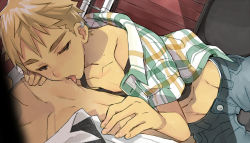 Rule 34 | 2boys, blonde hair, blush, coin rand, earrings, grey eyes, jewelry, licking, male focus, midriff, multiple boys, nipples, open clothes, open mouth, open shirt, original, shirt, sweat, tongue, yaoi