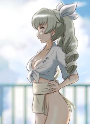 Rule 34 | 1girl, alternate costume, anchovy (girls und panzer), blush, breasts, cameltoe, cleavage, closed mouth, collarbone, drill hair, fundoshi, girls und panzer, green hair, hair ribbon, hands on own hips, highres, hiyama yuu (wee259hiyama), japanese clothes, large breasts, long hair, mizu happi, red eyes, ribbon, smile, solo, twin drills, twintails