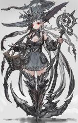 Rule 34 | 1girl, absurdres, bare shoulders, black dress, book, breasts, detached sleeves, dress, floating, floating book, floating object, grey background, hat, highres, large hat, long hair, medium breasts, original, red eyes, sabamiso taro, short dress, simple background, solo, spikes, staff, thighhighs, very long hair, witch, witch hat, zettai ryouiki