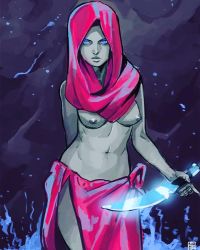 Rule 34 | 1girl, absolum art, arm behind back, blue eyes, breasts, contrapposto, frown, glowing, glowing eyes, head scarf, hijab, holding, holding sword, holding weapon, jpeg artifacts, medium breasts, navel, nipples, original, pink scarf, pink skirt, scarf, serious, side-tie skirt, side slit, skirt, solo, standing, sword, watermark, weapon