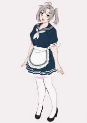 Rule 34 | 1girl, alternate costume, antenna hair, apron, bad id, bad twitter id, black footwear, black sailor collar, blue dress, breasts, dress, film grain, frilled apron, frills, full body, green eyes, grey background, grey hair, hair tie, high heels, kantai collection, kinugasa (kancolle), looking at viewer, medium breasts, neckerchief, ojipon, open mouth, pantyhose, sailor collar, see-through, short dress, short twintails, simple background, smile, solo, standing, twintails, waitress, white apron, white neckerchief, white pantyhose