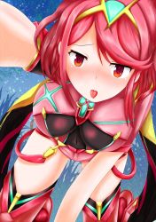 Rule 34 | 1girl, armor, artist request, blush, breasts, covered navel, gem, grass, hair ornament, headpiece, highres, jewelry, large breasts, looking at viewer, nintendo, pyra (xenoblade), red eyes, red hair, red shorts, short hair, short shorts, shorts, solo, swept bangs, thighhighs, tiara, tongue, tongue out, vegetation, xenoblade chronicles (series), xenoblade chronicles 2