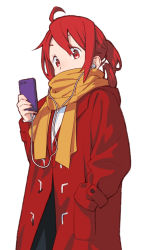 Rule 34 | 1girl, ahoge, cable, cellphone, coat, commentary, drill hair, duffel coat, earphones, eyebrows hidden by hair, hand in pocket, highres, holding, holding phone, kasane teto, looking at viewer, orange scarf, phone, red coat, red eyes, red hair, scarf, scarf over mouth, short hair, simple background, smartphone, solo, upper body, utau, white background, winter clothes, winter coat, yasutange