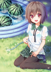 Rule 34 | 10s, 1girl, black pantyhose, blush, bra, breasts, brown hair, flower, food, fruit, grass, hagi (ame hagi), highres, hose, kantai collection, looking at viewer, mutsuki (kancolle), open mouth, pantyhose, pleated skirt, pool, red eyes, ribbon, school uniform, see-through, short hair, short sleeves, sitting, skirt, small breasts, smile, solo, underwear, untied, wading pool, wariza, watermelon, wet, wet clothes