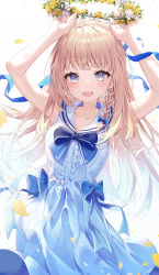 Rule 34 | 1girl, :d, absurdres, bare arms, blonde hair, blue bow, blue ribbon, blue shirt, blue skirt, blush, bow, bowtie, center opening, collarbone, commentary request, flower, head wreath, head wreath removed, highres, holding, keis (locrian1357), long hair, open mouth, original, petals, ribbon, sailor collar, shirt, simple background, skirt, sleeveless, sleeveless shirt, smile, solo, white background, white flower, white sailor collar, yellow flower