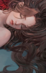 Rule 34 | 1girl, aerith gainsborough, aqua background, bare shoulders, brown hair, closed eyes, final fantasy, final fantasy vii, final fantasy vii remake, flower, hair between eyes, hair down, highres, long hair, lying, on back, parted bangs, parted lips, red flower, solo, square enix, srasa, upper body, wall market, wavy hair