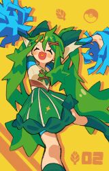 Rule 34 | &gt; &lt;, 1girl, absurdres, arms up, blush, closed eyes, commentary, creatures (company), edge 0605, fortissimo, game freak, grass miku (project voltage), green hair, green skirt, hair ornament, hairclip, hatsune miku, heart, heart in mouth, highres, holding, holding pom poms, kneehighs, long hair, musical note, musical note hair ornament, nintendo, open mouth, poke ball symbol, pokemon, pom pom (cheerleading), pom poms, project voltage, short sleeves, simple background, skirt, socks, solo, symbol-only commentary, twintails, very long hair, vocaloid