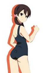 Rule 34 | 1girl, brown eyes, brown hair, closed mouth, extra, fukuoka katsumi, k-on!, kimura fumie, long hair, looking back, one-piece swimsuit, school swimsuit, simple background, smile, solo, swimsuit, twintails