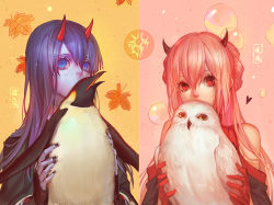Rule 34 | 1girl, androgynous, axis04, bird, black nails, blue eyes, blue hair, borrowed character, bubble, colored skin, gloves, grey skin, heart, holding, horns, leaf, long hair, multiple girls, nail polish, owl, penguin, pink hair, pixiv fantasia, pixiv fantasia fallen kings, red eyes, red gloves, snowy owl