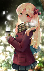 Rule 34 | 1girl, alternate costume, azumi (myameco), bag, black pantyhose, black skirt, blonde hair, blue bag, blush, closed mouth, coat, coffee, commentary request, cup, disposable cup, duffel coat, ereshkigal (fate), fate/grand order, fate (series), fingernails, hair ribbon, holding, holding cup, long hair, long sleeves, miniskirt, pantyhose, parted bangs, plaid, plaid scarf, pleated skirt, pocket, red coat, red eyes, red ribbon, ribbon, scarf, school bag, skirt, sleeves past wrists, solo, two side up, winter clothes