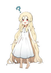Rule 34 | 1girl, :d, ?, absurdly long hair, absurdres, arms at sides, bare shoulders, barefoot, blonde hair, blush, dress, fang, flat chest, full body, hair between eyes, highres, long hair, looking at viewer, luke (dydansgur), messy hair, open mouth, original, red eyes, simple background, smile, solo, standing, sundress, vampire, very long hair, white background, white dress
