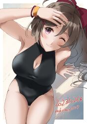 Rule 34 | 1girl, absurdres, ahoge, black one-piece swimsuit, bow, breasts, brown hair, casual one-piece swimsuit, cleavage cutout, clothing cutout, dated, hair bow, hair ornament, hair ribbon, hairclip, highres, kantai collection, large breasts, long hair, looking up, mamiya (kancolle), one-piece swimsuit, one eye closed, ponytail, ribbon, shiomugi (shio mugi1107), sitting, smile, solo, swimsuit, twitter username