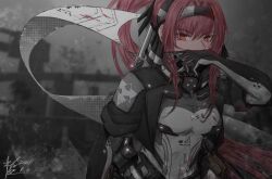 Rule 34 | 1girl, banner, belt pouch, blood, blood on clothes, blood on face, blurry, blurry background, bodysuit, breasts, chinese commentary, commentary, covering own mouth, dated, emblem, hair intakes, hairband, hand up, high collar, high ponytail, highres, holding, holding weapon, long hair, looking at viewer, mechanical parts, medium breasts, polearm, pouch, punishing: gray raven, red eyes, red hair, ruins, sidelocks, signature, skin tight, sleeves rolled up, solo, taotao bujue, upper body, vera: garnet (punishing: gray raven), vera (punishing: gray raven), weapon, wiping face