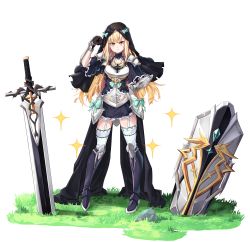 Rule 34 | &gt;:(, 1girl, absurdres, armor, armored boots, blonde hair, boots, collarbone, commentary request, cross, cross necklace, faulds, frown, garter straps, gauntlets, grass, hand on own hip, highres, jewelry, kiwoseo meogneundas, korean commentary, long hair, necklace, nun, original, planted, planted sword, planted weapon, shield, solo, sword, thighhighs, veil, weapon, white background, yellow eyes