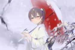 Rule 34 | 10s, 1girl, bad id, bad pixiv id, blush, brown eyes, brown hair, japanese clothes, kaga (kancolle), kantai collection, looking at viewer, short hair, side ponytail, snow, snow rabbit, solo, umbrella, ume (plumblossom)