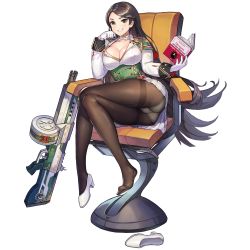 Rule 34 | 1girl, aiguillette, as-12 steeldraco, ass, black pantyhose, book, breasts, brown hair, chair, cleavage, combat shotgun, crossed legs, english text, full body, game cg, gloves, green eyes, grin, gusset, hair ornament, hairclip, high heels, highres, lace, lace-trimmed panties, lace trim, large breasts, last origin, long hair, looking at viewer, miniskirt, official art, paintale, panties, panties under pantyhose, pantyhose, pantyshot, pleated skirt, shoes, single shoe, skirt, smile, solo, swept bangs, tachi-e, thighband pantyhose, transparent background, underwear, very long hair, white footwear, white gloves, white panties, white skirt
