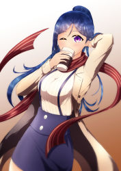 Rule 34 | 1girl, arm behind back, artist name, artist request, blue hair, blue pants, blush, breasts, brown jacket, buttons, coffee cup, collared jacket, cowboy shot, cup, disposable cup, female focus, hair between eyes, hand on head, highres, holding, holding cup, jacket, long hair, long sleeves, looking at viewer, love live!, love live! school idol festival, love live! sunshine!!, masa sevenred, masakazu yamato, masakazu yamato (masa sevenred), matsuura kanan, medium breasts, one eye closed, pants, parted lips, ponytail, purple eyes, red scarf, scarf, shirt, smile, solo, striped clothes, striped scarf, striped shirt, vertical-striped clothes, vertical-striped shirt, white shirt, yamato masakazu
