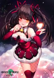 Rule 34 | 1girl, absurdres, bare shoulders, bell, black hair, blush, breasts, bridal gauntlets, christmas, cleavage, clock eyes, date a live, dress, fishnet thighhighs, fishnets, fur trim, hair ribbon, hairband, heart, heterochromia, highres, jingle bell, long hair, looking at viewer, medium breasts, open mouth, red dress, red eyes, red ribbon, ribbon, smile, solo, symbol-shaped pupils, thighhighs, tokisaki kurumi, twintails, yellow eyes, zerocat