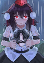 Rule 34 | 1girl, absurdres, black bow, black bra, black hair, black skirt, blush, bow, bra, breasts, collared shirt, commentary request, dress shirt, glowing, glowing eyes, hair between eyes, hat, highres, long hair, looking at viewer, open clothes, open shirt, outdoors, rain, red eyes, red hat, see-through, shameimaru aya, shirt, short sleeves, skirt, small breasts, solo, tokin hat, touhou, underwear, wet, wet clothes, wet hair, wet shirt, white shirt, yuuka (a0240765)