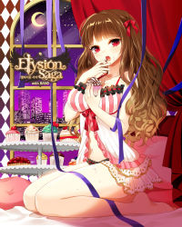 Rule 34 | 1girl, babydoll, bad id, bad pixiv id, barefoot, bed, bow, breasts, brown hair, cake, cake slice, cherry, copyright name, crescent moon, cupcake, elysion saga, food, frills, fruit, indoors, large breasts, long hair, looking at viewer, moon, myoya, navel, open mouth, panties, pillow, red eyes, ribbon, seiza, sitting, sky, solo, star (sky), starry sky, strawberry, strawberry shortcake, striped, tiered tray, underwear, wavy hair, window