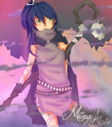 Rule 34 | 1girl, bandages, blue hair, breasts, cape, charon (mirage noir), gloves, green eyes, mirage noir, ponytail, skull, staff, tagme