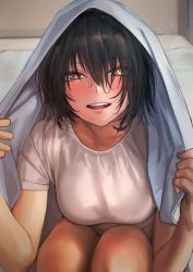 Rule 34 | 1girl, black eyes, black hair, blanket, blouse, bob cut, breasts, commentary request, hair over face, heterochromia, highres, kilye kairi, large breasts, looking at viewer, original, shirt, short hair, smile, solo, under covers, white shirt, yellow eyes