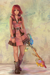 Rule 34 | 1girl, blue eyes, boots, bracelet, commentary, dress, english commentary, full body, gloves, highres, holding, holding weapon, jewelry, kairi (kingdom hearts), keyblade, kingdom hearts, kingdom hearts iii, lips, looking at viewer, necklace, parted lips, red hair, revision, short hair, sleeveless, smile, solo, standing, stephanie sybydlo, weapon, wind, zipper, zipper pull tab