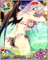 Rule 34 | 1girl, antenna hair, aqua eyes, ass, back, bikini, blush, breasts, card (medium), character name, chess piece, closed mouth, demon wings, flower, hair flower, hair ornament, hair ribbon, high school dxd, high school dxd born, jewelry, large breasts, long hair, looking at viewer, multicolored bikini, multicolored clothes, necklace, official art, partially submerged, ribbon, rook (chess), rossweisse, silver hair, smile, solo, swimsuit, thighs, torn bikini, torn clothes, trading card, tropical, very long hair, water, wet, wings
