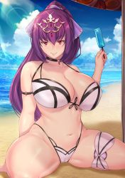 Rule 34 | 1girl, absurdres, arm up, aster crowley, beach, blush, breasts, cameltoe, circlet, cleavage, cleft of venus, fate/grand order, fate (series), food, highres, holster, huge breasts, kneeling, leotard, long hair, looking at viewer, navel, parted lips, plump, ponytail, popsicle, purple hair, red eyes, ribbon, scathach (fate), scathach skadi (fate), sitting, skindentation, smile, solo, sweat, sweatdrop, swimsuit, tattoo, wariza