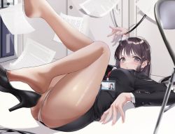 Rule 34 | 1girl, blush, business suit, chair, clothes lift, commentary, dress, feet, formal, grey eyes, hair between eyes, high heels, highres, indoors, looking at viewer, miniskirt, mugika, name tag, office lady, original, panties, panties under pantyhose, pantyhose, paper, pencil skirt, see-through, see-through legwear, shoe dangle, shoes, short hair, single shoe, skirt, skirt lift, skirt set, skirt suit, solo, solo focus, suit, thighs, tight skirt, underwear