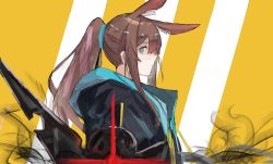 Rule 34 | 1girl, absurdres, amiya (arknights), animal ear fluff, animal ears, arknights, black jacket, blue eyes, brown hair, closed mouth, commentary request, diagonal stripes, from side, hair between eyes, highres, hood, hood down, hooded jacket, jacket, km (k74870537), long hair, looking at viewer, looking to the side, open clothes, open jacket, ponytail, profile, rabbit ears, sidelocks, solo, striped, striped background, upper body