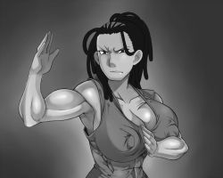 Rule 34 | 1girl, angry, braid, braided ponytail, breasts, clothes, female focus, fighting stance, fullmetal alchemist, gradient background, huge breasts, izumi curtis, long hair, monochrome, muscular, muscular female, nipples, ponytail, solo, ttrop