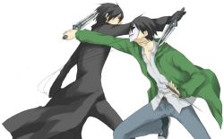 Rule 34 | 00s, 1boy, belt, black gloves, black hair, coat, darker than black, denim, dual persona, dual wielding, gloves, green jacket, hei (darker than black), holding, hood, hoodie, jacket, jeans, knife, male focus, mask, multiple persona, pants, shirt, solo, thigh strap, trench coat, white shirt, wire